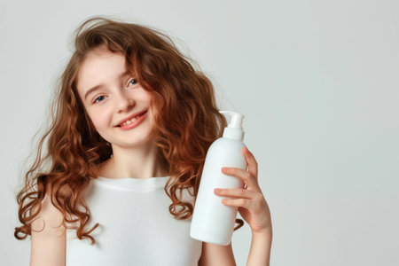 Portrait of a cute little girl with long curly hair in a white T-shirt holding a bottle of shampoo on a gray backgroundの素材