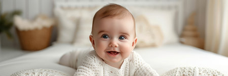 cheerful baby in white knitted sweater, panoramic shotの素材