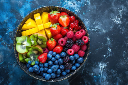 Mix of fresh fruits and berries in a bowl. Top view.の素材