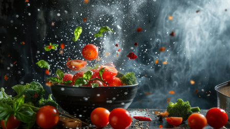 Fresh vegetables falling into a bowl with splashes on a dark backgroundの素材