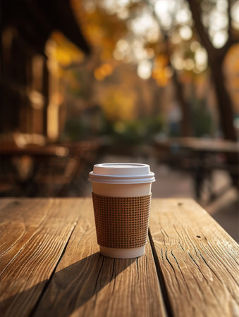 Coffee cup on wooden table in coffee shopの素材
