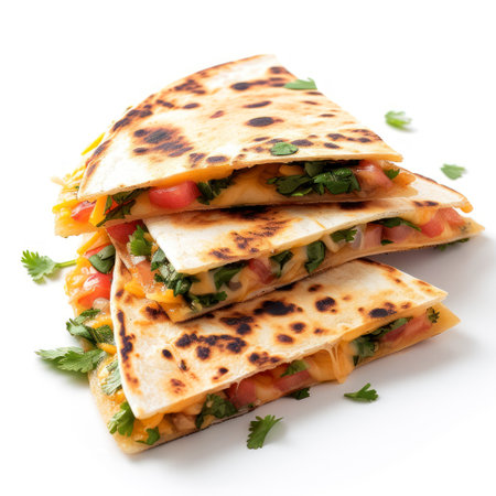 Grilled quesadilla with vegetables and cheese on white backgroundの素材