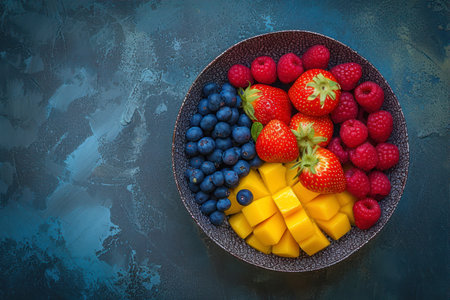 Fresh fruit salad with strawberries, blueberries, raspberries and mango on blue backgroundの素材