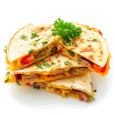 Mexican quesadilla with ham, cheese and vegetables isolated on white backgroundの素材