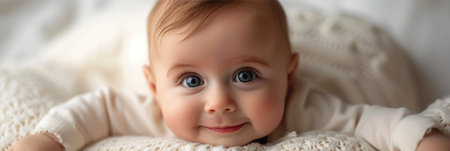 baby in white sweater lying on bed and looking at camera, bannerの素材