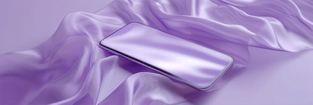 3d render of a smartphone with a purple satin fabric backgroundの素材