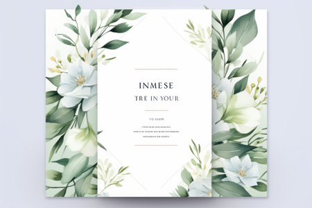 Elegant wedding invitation template with white flowers and greenery.の素材