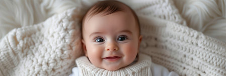 close up of cute little baby in white knitted sweater, bannerの素材