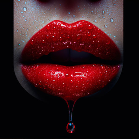 Red lips with drops of water on a black background close-upの素材