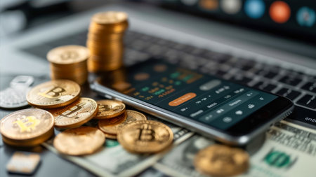 Coins and mobile phone on the background of a laptop. Close-up.の素材