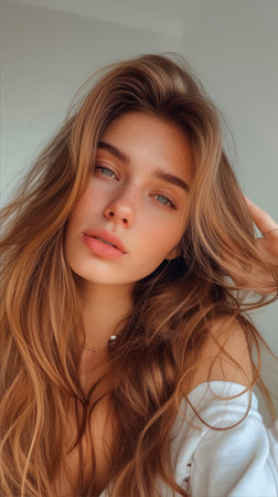 Portrait of a beautiful young girl with long hair in a white shirtの素材