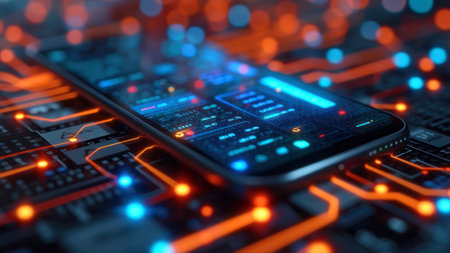Close up of smartphone with circuit board background. 3D Renderingの素材