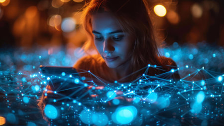Young woman using tablet at night in the city. Networking concept.の素材