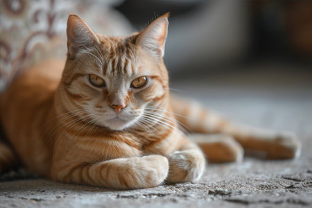 Beautiful ginger cat lying on the floor. Selective focus.の素材