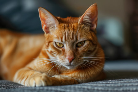Cute ginger cat lying on the sofa at home. Selective focus.の素材