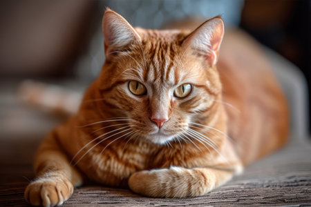 Beautiful ginger cat lying on the floor and looking at the cameraの素材
