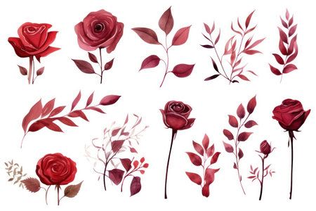 Set of watercolor roses, leaves and twigs. Vector illustration.の素材