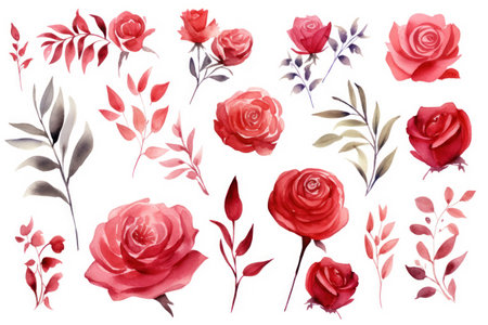 Set of watercolor red roses and leaves isolated on white background.の素材