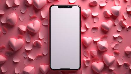 Smartphone with blank screen on pink background with hearts. 3d renderの素材