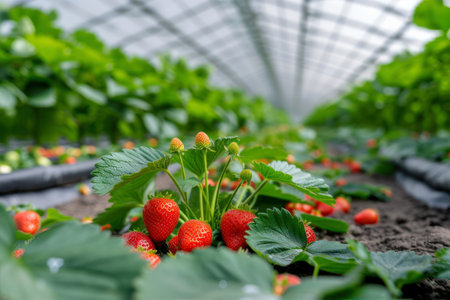 Strawberry growing in a greenhouse. Fresh strawberries growing in a greenhouse.の素材