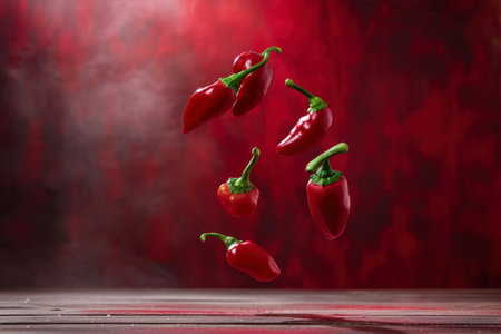 Red hot chili peppers flying in the air over a dark red backgroundの素材