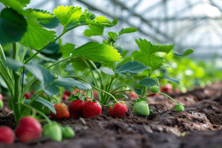 Strawberry Plantation in a Greenhouse. Cultivation of strawberries.の素材