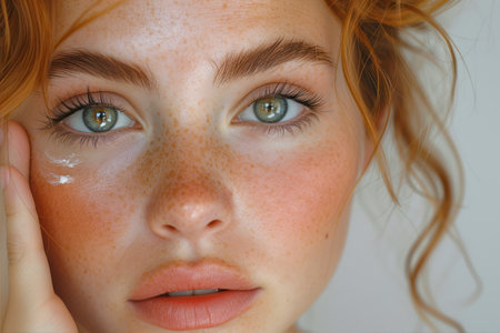 Portrait of a red-haired girl with freckles on her faceの素材