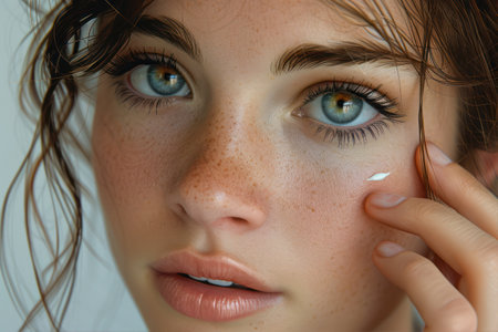 Close-up portrait of a beautiful young woman with frecklesの素材