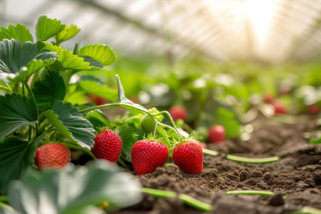 Strawberry plant growing in a greenhouse. Fresh organic strawberries in the garden.の素材
