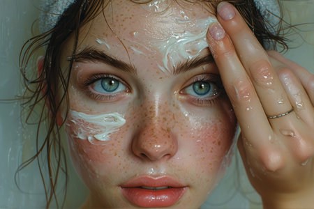Young beautiful girl in a shower with cosmetic cream on her face.の素材