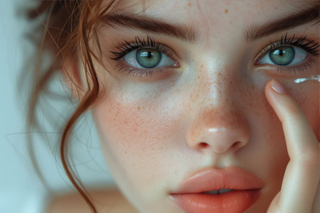 Close-up portrait of beautiful young woman with freckles.の素材