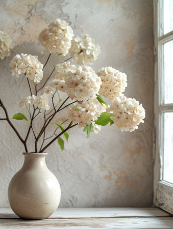 White hydrangea flowers in a vase on the windowsillの素材