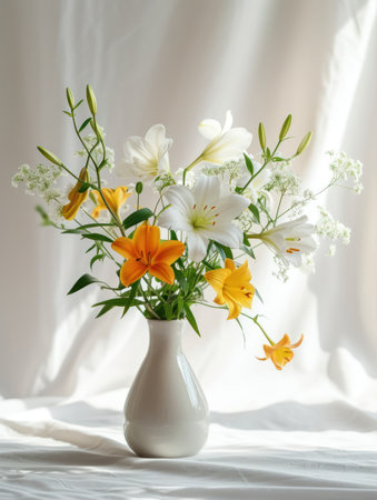 Bouquet of lilies in a vase on a white backgroundの素材