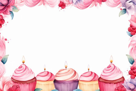 Cupcakes with candles. Watercolor hand drawn illustration on white backgroundの素材