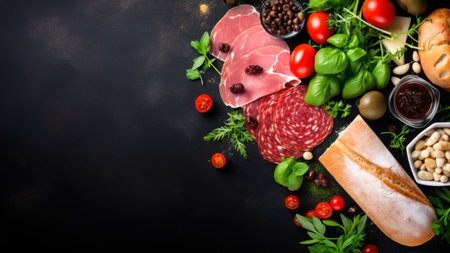 Antipasto background with ham, salami, cheese, olives and herbs. Top view with copy spaceの素材