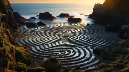 Aerial view of a labyrinth made of stones in the sea.の素材