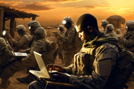 Soldier with laptop in the desert at sunset. Military concept.の素材