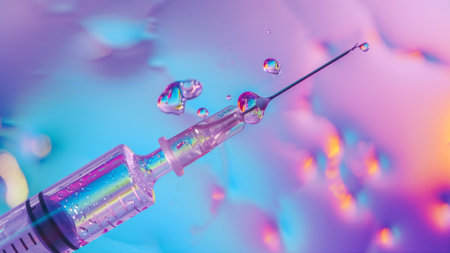 Close up of medical syringe with drop of drug on colorful backgroundの素材