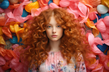 Portrait of a beautiful red-haired girl with curly hair.の素材