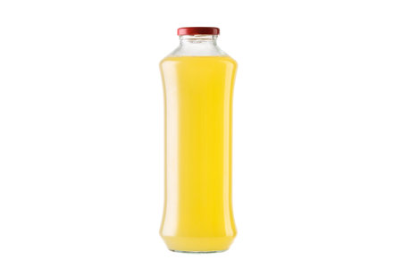 Bottle of tasty orange juice on white background. Mockup for designの写真素材
