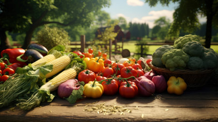 Fresh vegetables on a wooden table in the garden. Selective focus.の素材
