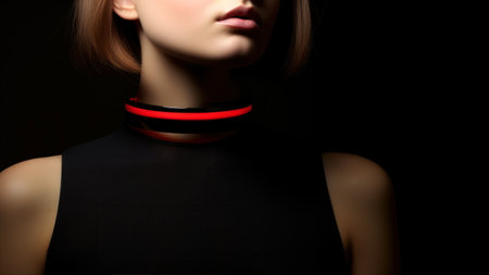 Fashion shot of a beautiful woman with red necklace on black background.の素材
