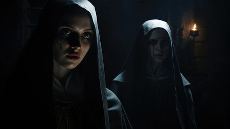 Horror portrait of young woman in death costume with candlelight in dark roomの素材