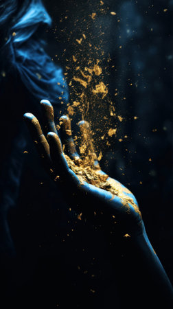 Female hands with golden paint splashes on dark background. Copy space.の素材
