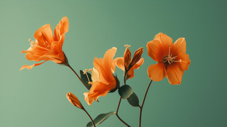 Orange hibiscus flowers on a green background with copy spaceの素材
