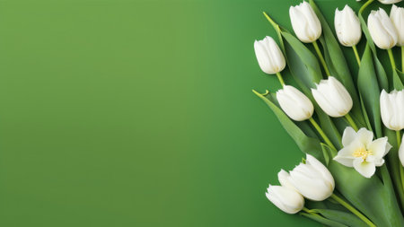 Bouquet of white tulips on a green background with copy spaceの素材