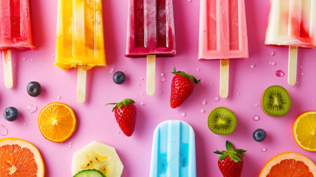 Fruit ice cream popsicles on pink background, top view.の素材