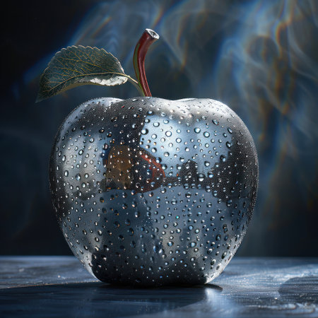 Black apple with water drops on a dark background, close-upの素材