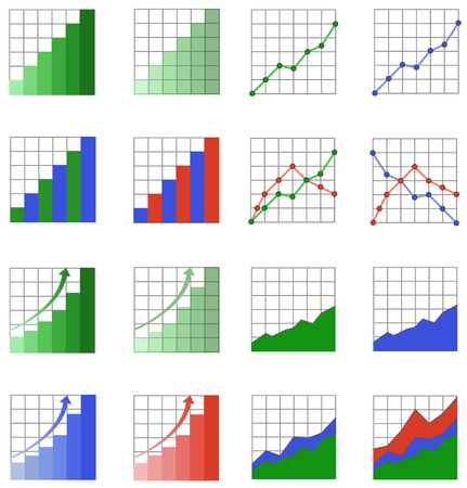 Graphs and diagrams in the set,vector.graphs and diagrams in green, blue and red color on a white backgroundのイラスト素材