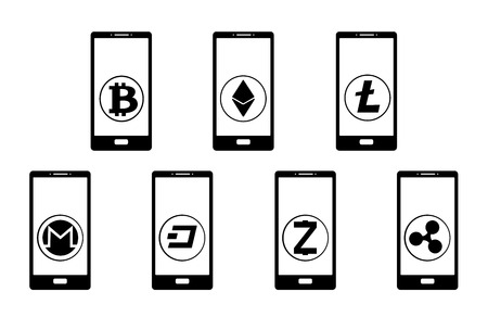 Different cryptocurrency icons on mobile phonesのイラスト素材